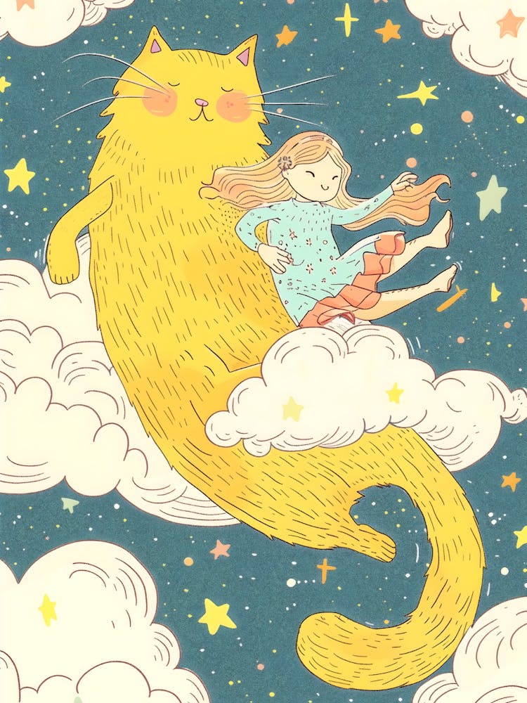 Little Girl And Cat On Clouds