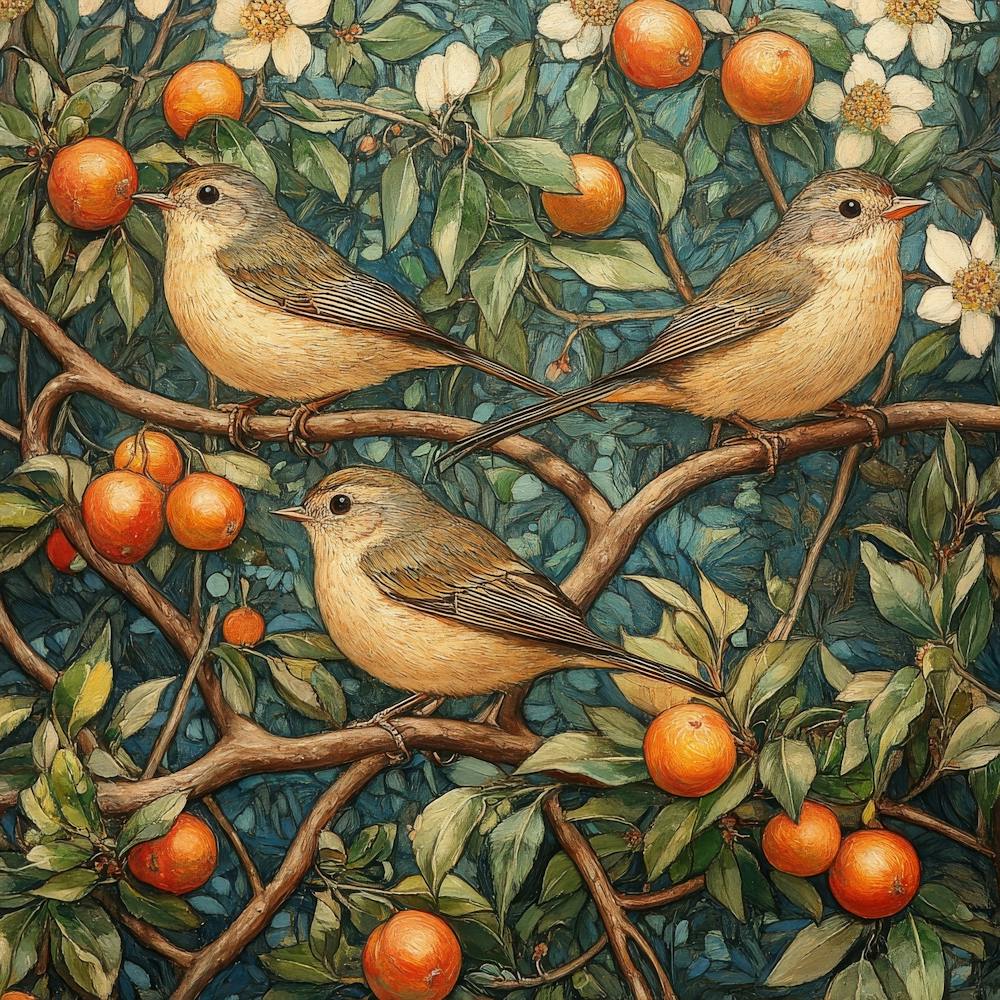Three Birds On An Orange Tree