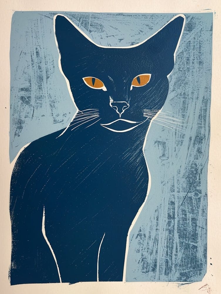 Russian Blue Cat Linocut Blockprint 2