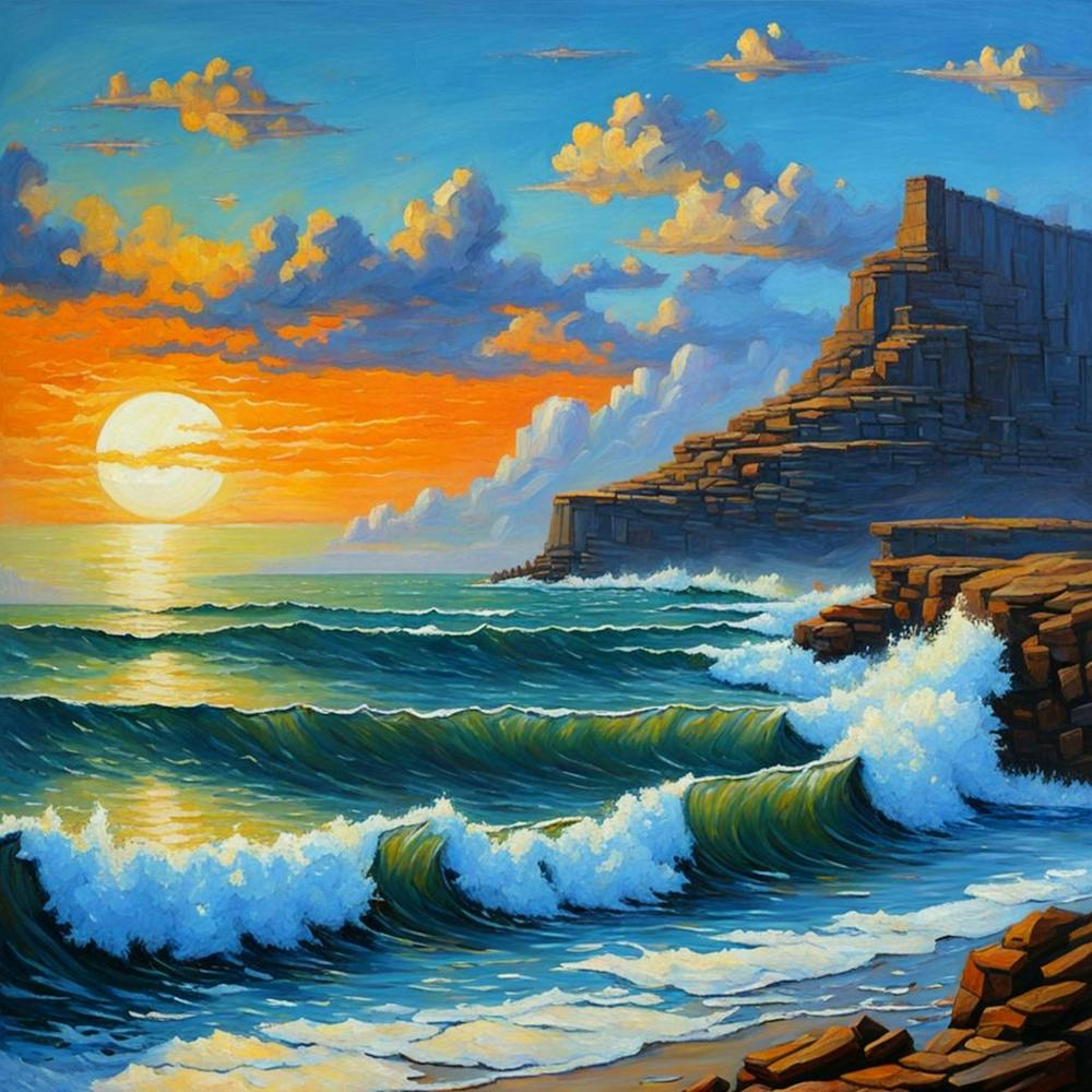 Ocean Sunset Waves Paint Oil Artistic Painting Fantasy Nature