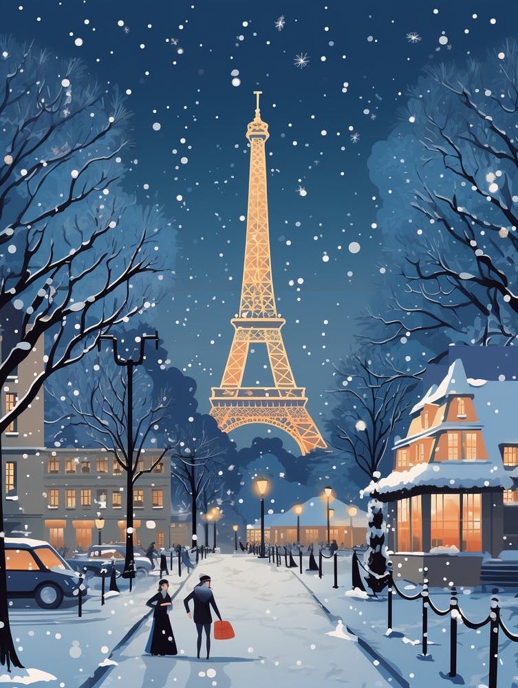 Winter Travel Night Illustration Paris France 2