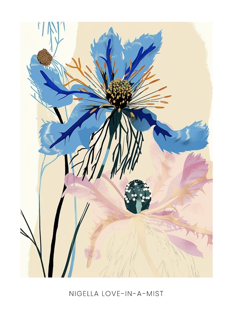 Farbenfrohes Blumenillustrationsposter Nigella Jungfer im Grünen 3