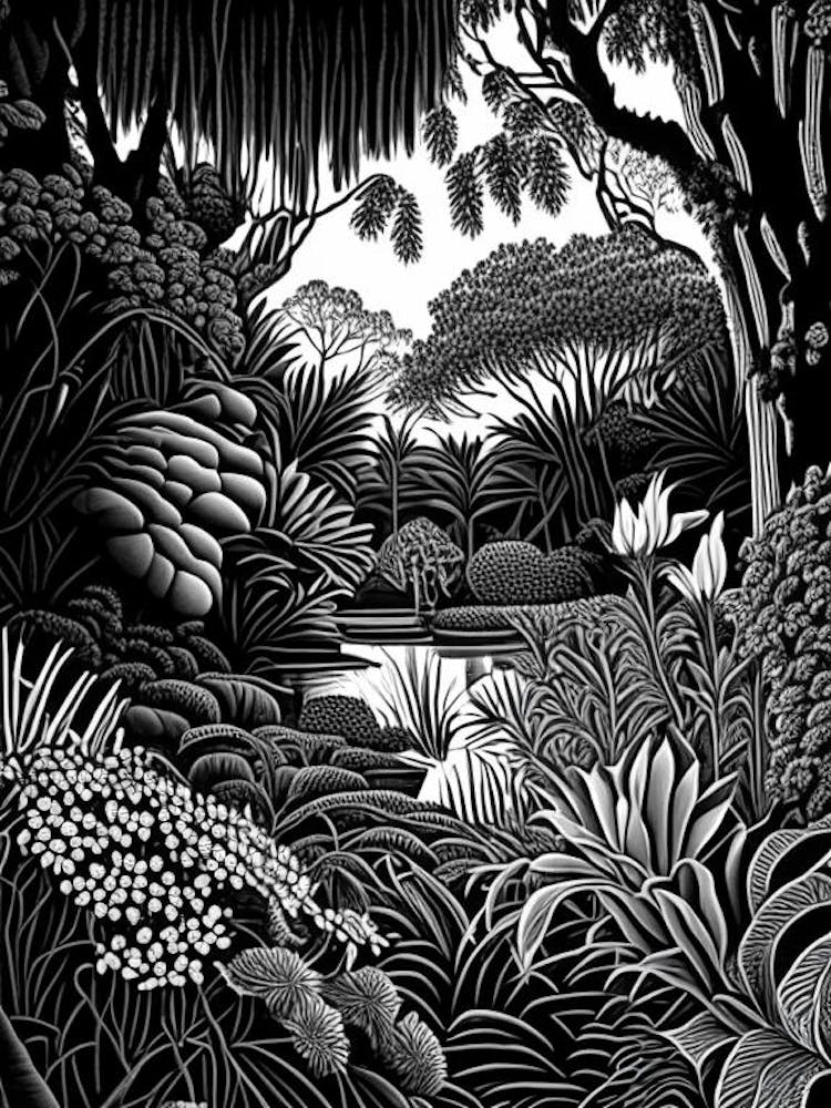 Royal Botanic Gardens, Victoria, Australia Linocut Black And White Vintage