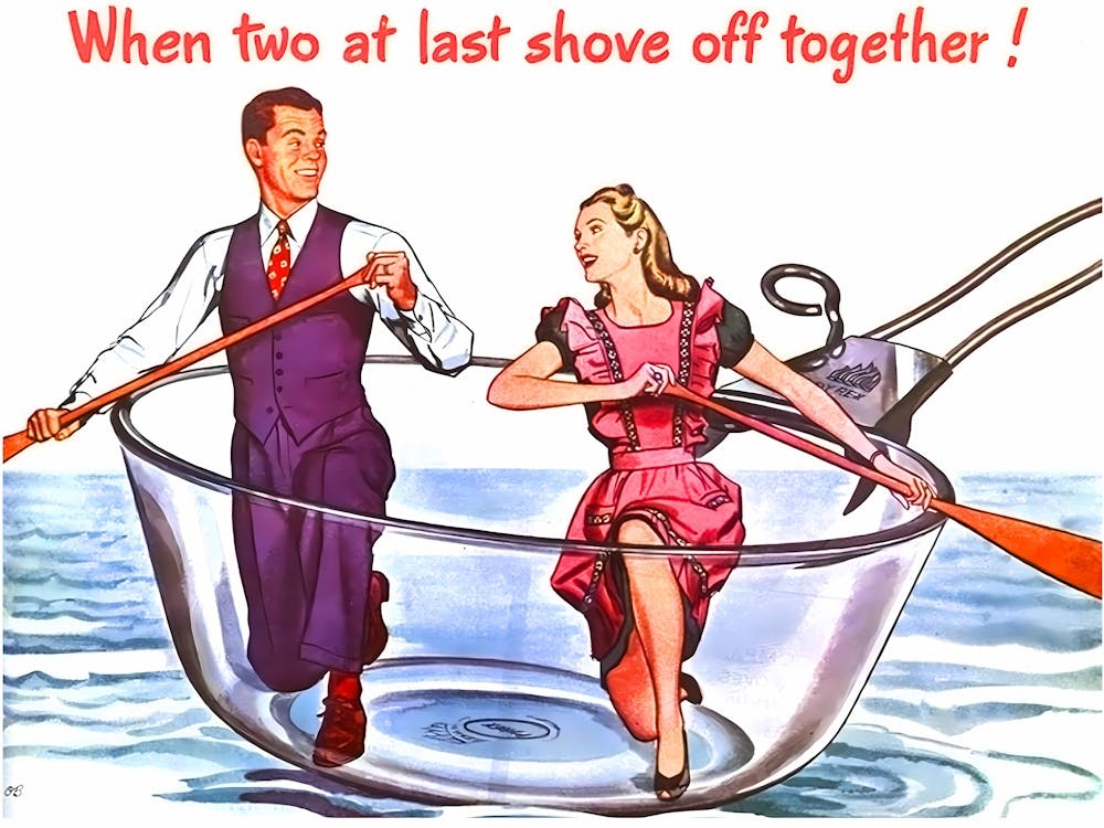 When To at Last Shove Off Together, Couple on A Big Dish, Funny Vintage Advertising Poster