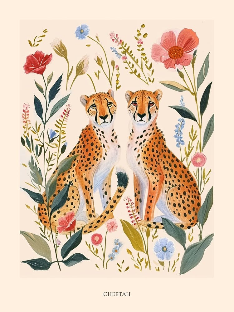 Folksy Floral Animal Drawing Cheetah 2 Poster