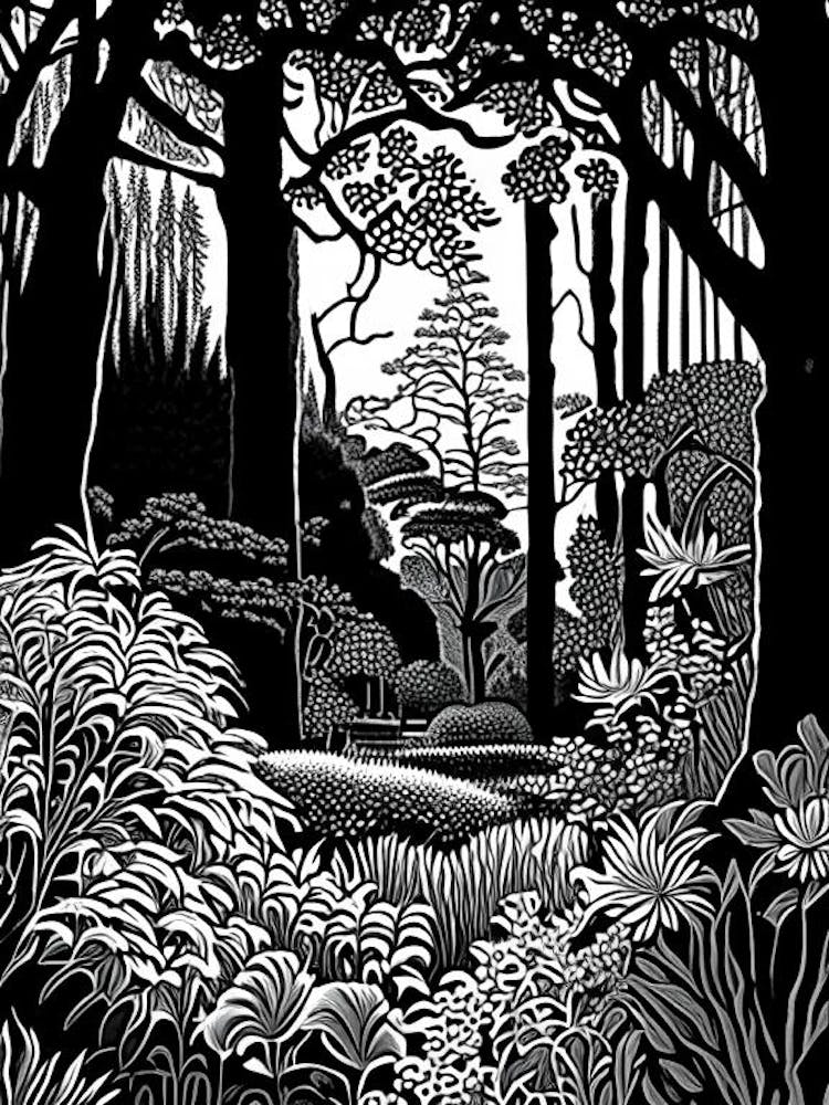Descanso Gardens, 1, Usa Linocut Black And White Vintage