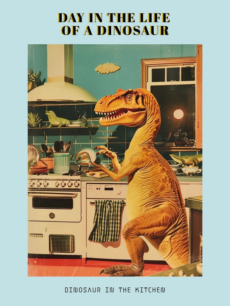 Dinosaur In The Kitchen Retro Abstract Collage 1 Poster