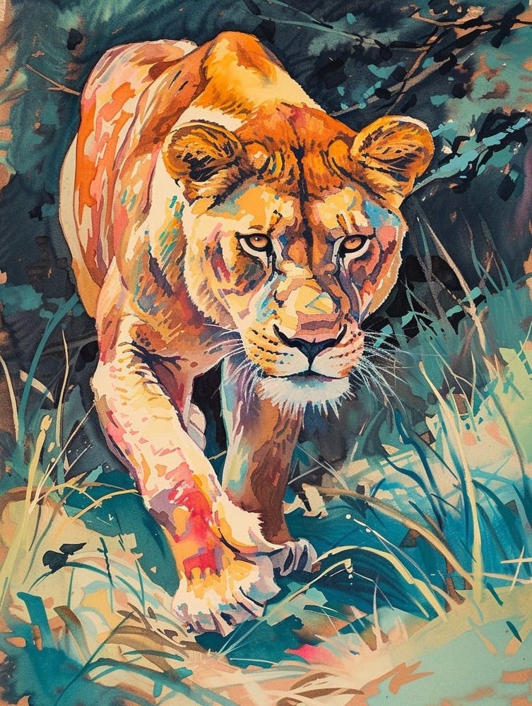 Asiatic Lion Lioness On The Prowl Fauvist Painting 2