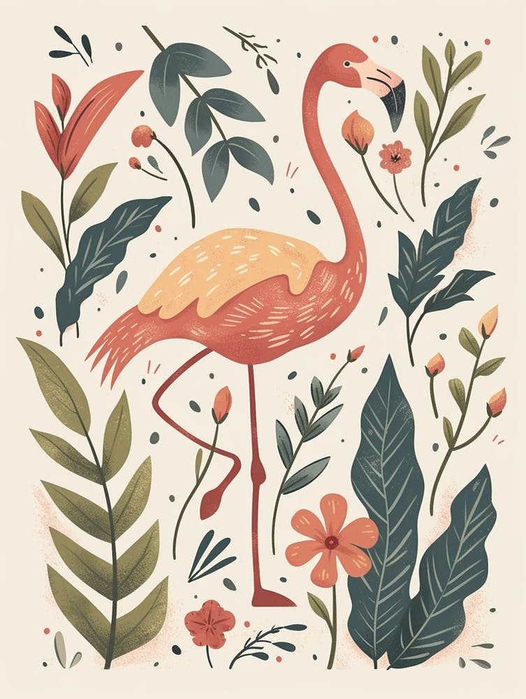 Jamess Flamingo And Croton Plants Minimalist Illustration 1