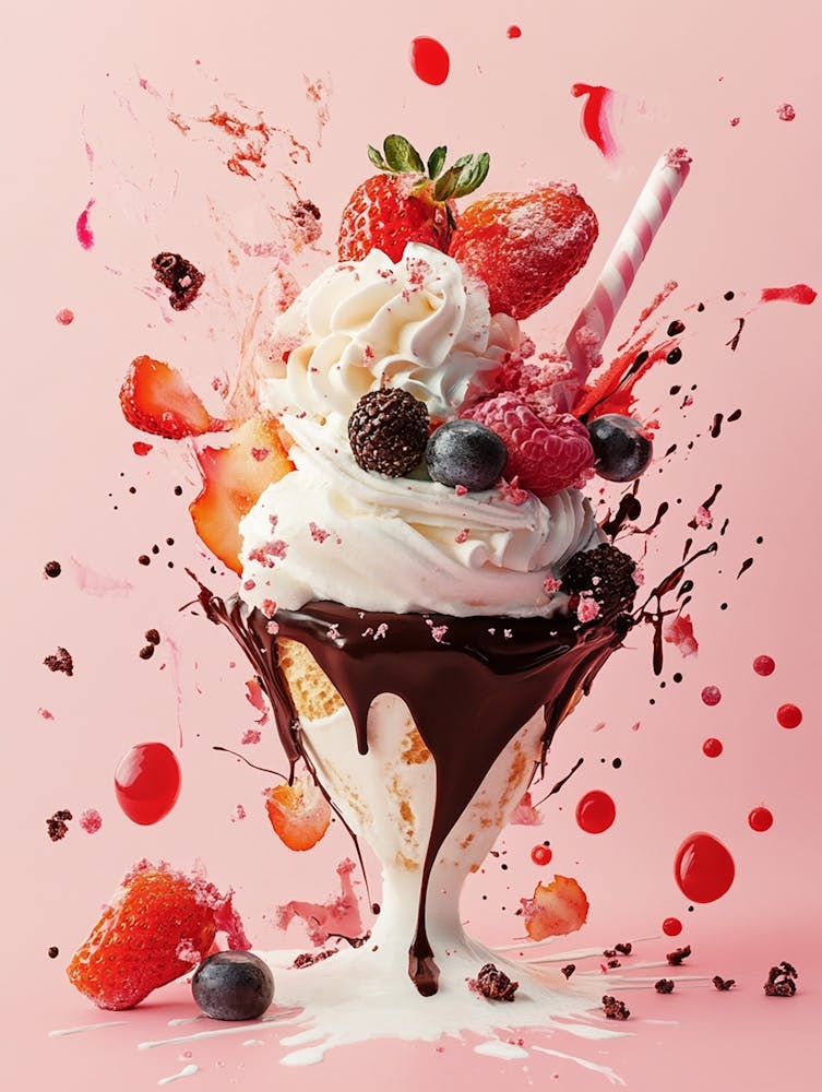 Ice Cream Sundae With Berries And Chocolate Splash