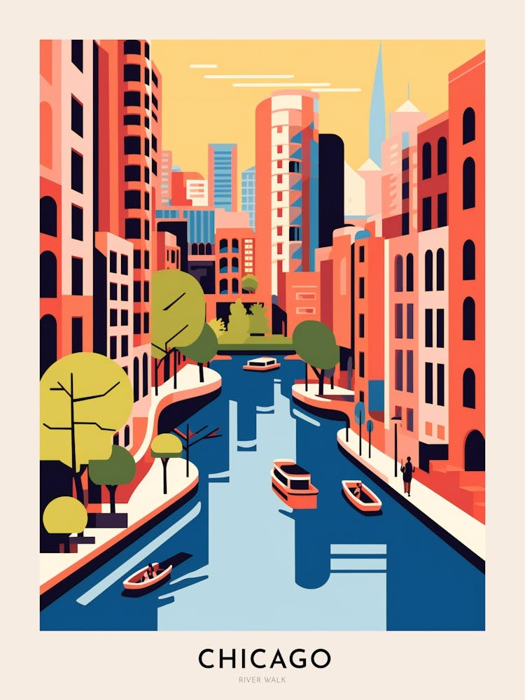 River Walk Chicago Colourful Travel Poster
