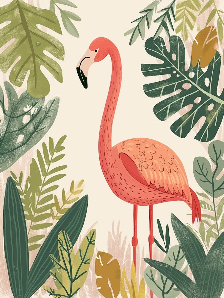 Andean Flamingo And Philodendrons Minimalist Illustration 3