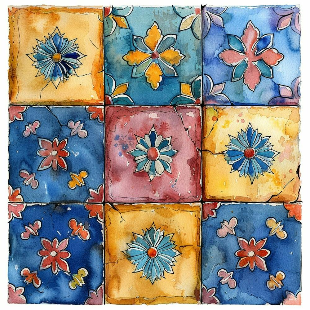 Egyptian Tile, Hand Drawn Manner Watercolo