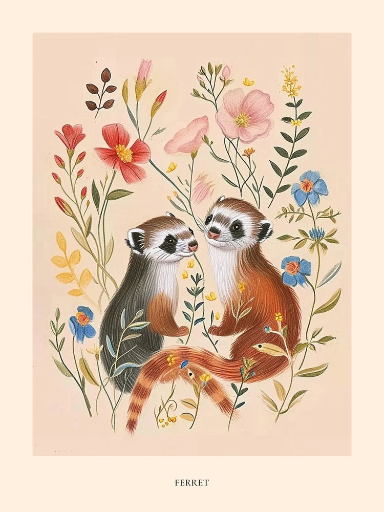 Folksy Floral Animal Drawing Ferret 3 Poster