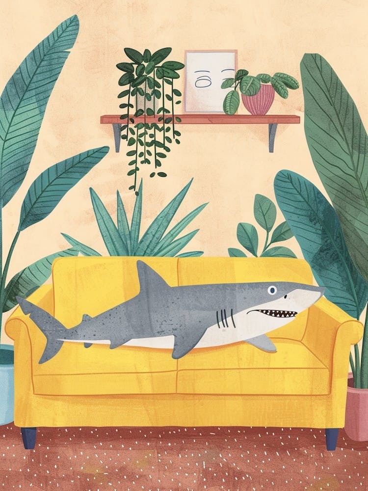 Shark Lying On The Sofa In The Living Room Pastel Watercolour 2