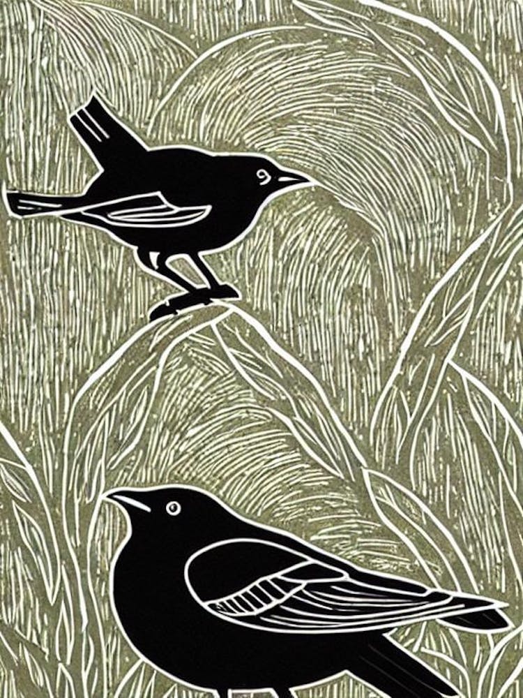 Blackbird 2 Linocut Bird