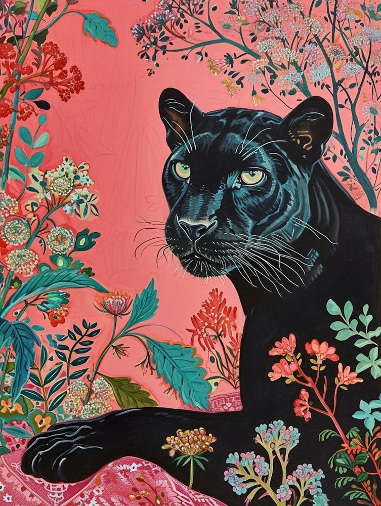 Floral Animal Painting Black Panther 3