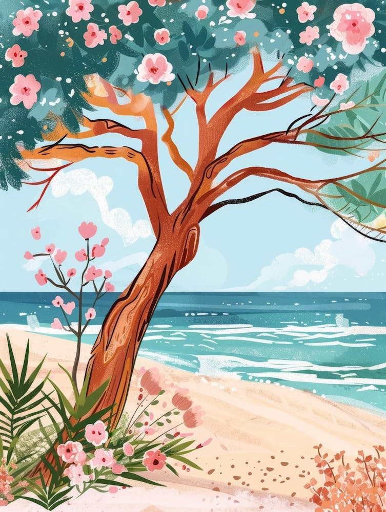 Watercolor Tree At The Beach