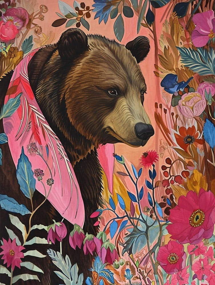 Floral Animal Painting Brown Bear 1