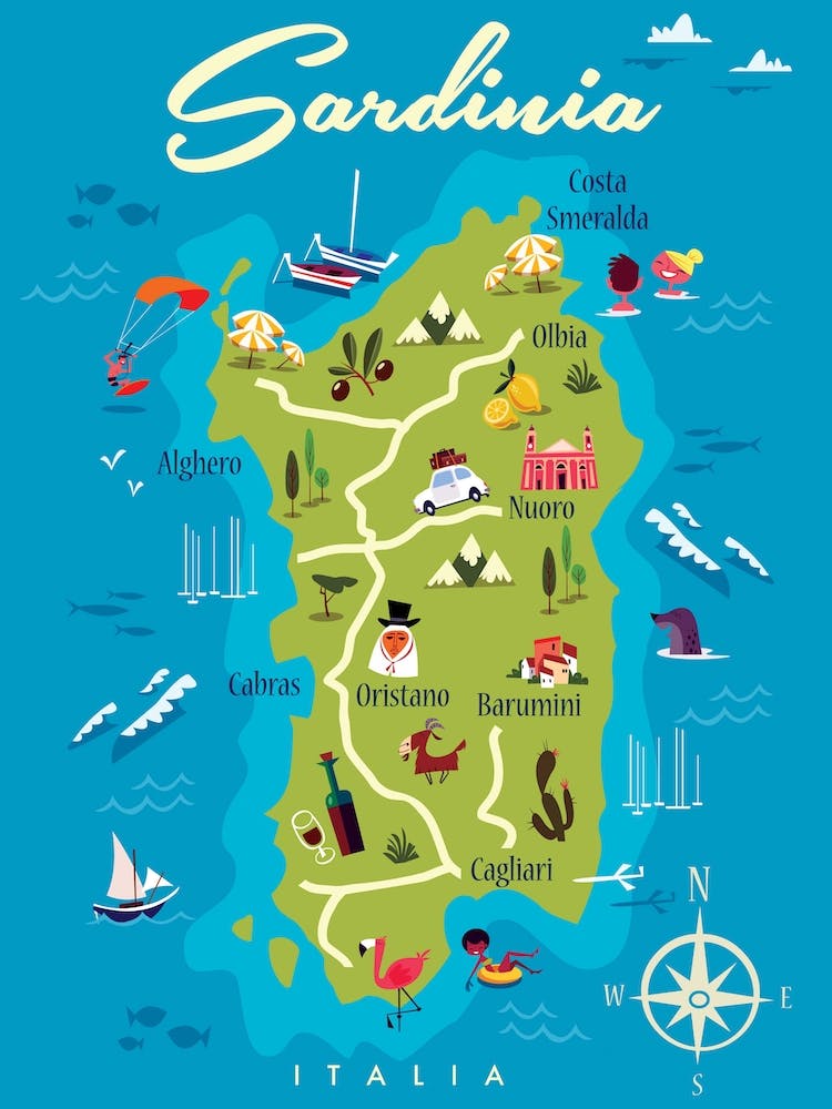 Sardinia Map Poster Green & Blue