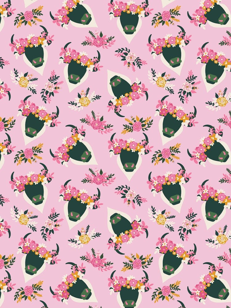 Green Bulls with Flower Crowns on Pink