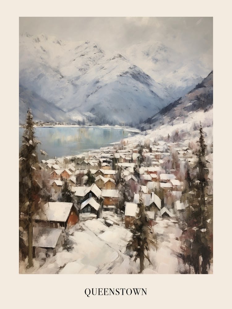 Vintage Winter Painting Poster Queenstown New Zealand 2