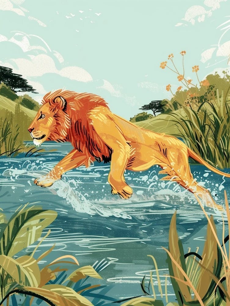 African Lion Crossing A River Illustration 2