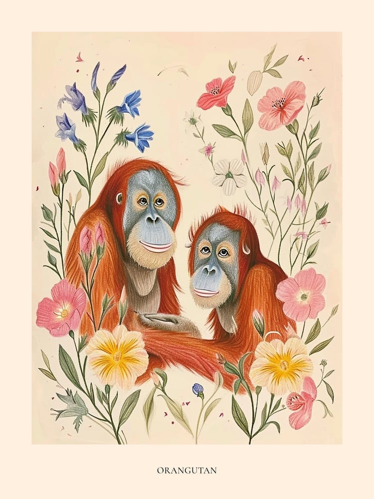 Folksy Floral Animal Drawing Orangutan 3 Poster