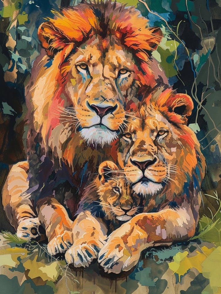 Asiatic Lion Family Bonding Fauvist Painting 4