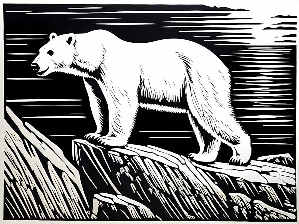 Playful Polar Bear On Cliff Linocut Black And White art, animal art, 156