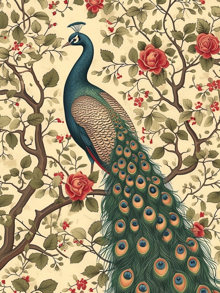 Floral Sepia Peacock In A Tree Wallpaper
