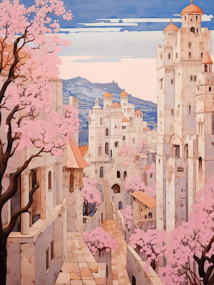 Nazareth Israel 3 Vintage Pink Travel Illustration