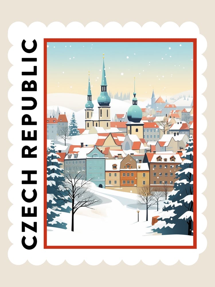 Retro Winter Stamp Poster Prague Czech Republic