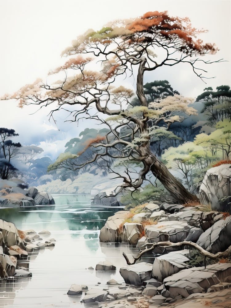 Ritsurin Garden In Kagawa, Japanese Brush Painting, Ukiyo E, Minimal 3