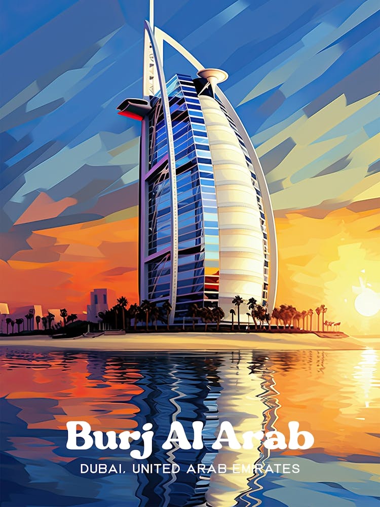 Burj Al Arab Hotel Sunset Travel Art Illustration