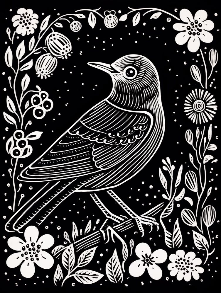 B&W Bird Linocut Cuckoo 2