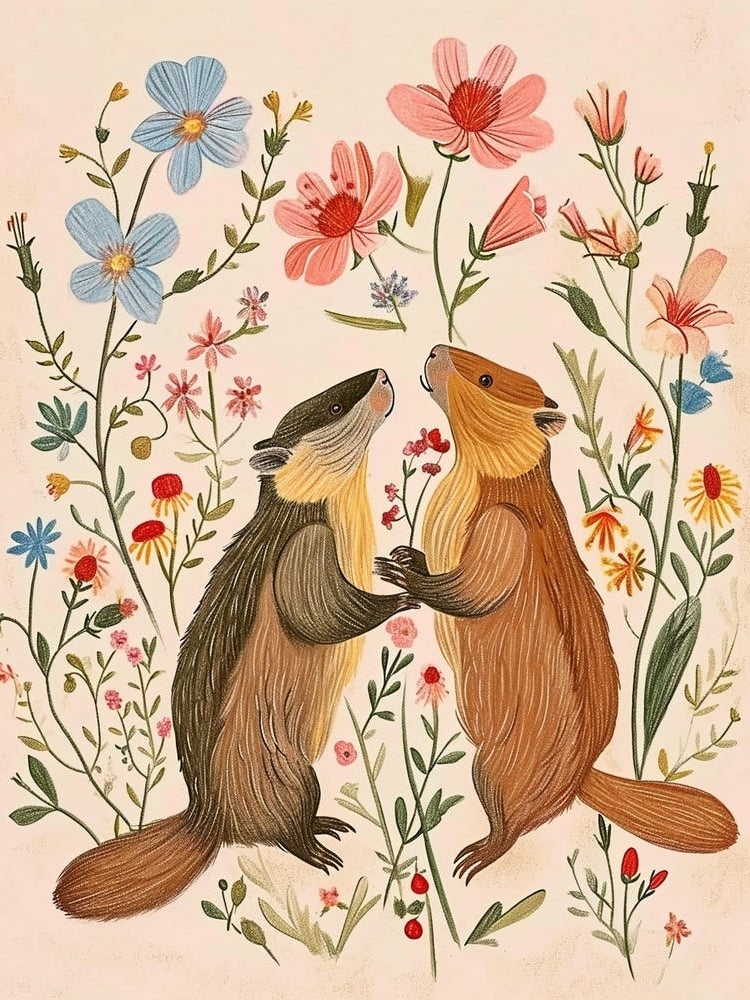 Folksy Floral Animal Drawing Beaver 5