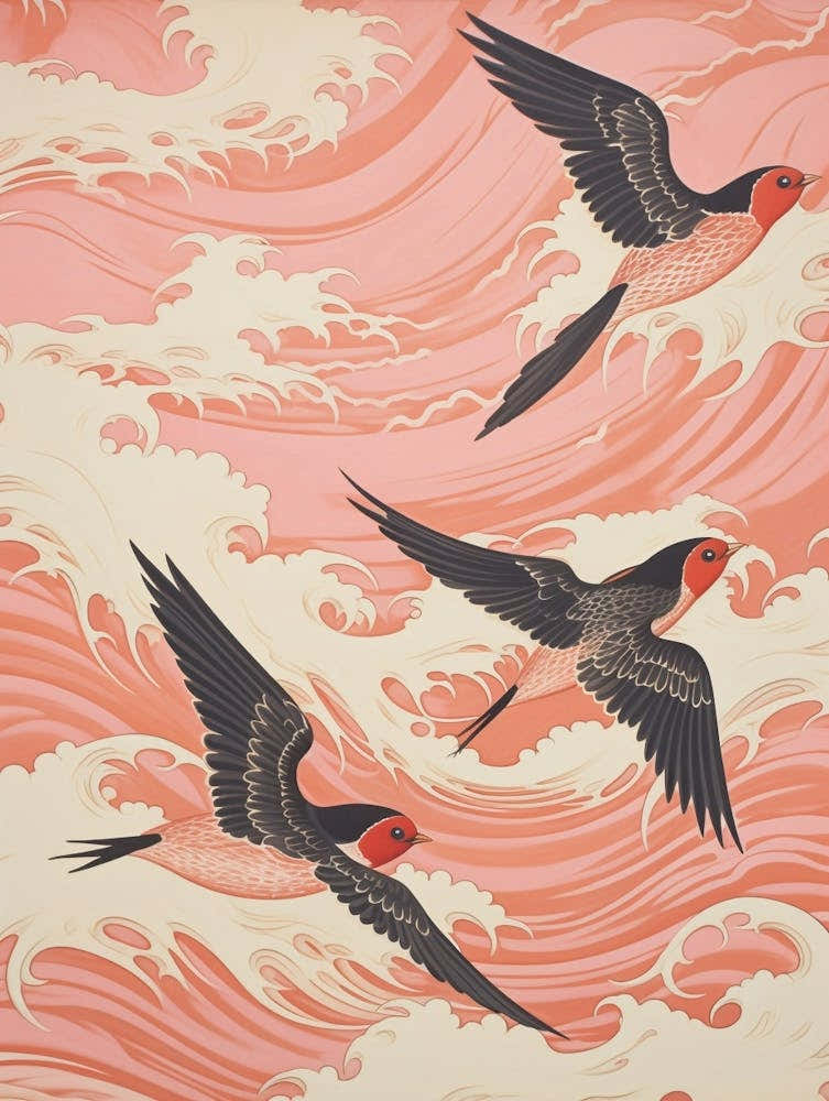 Vintage Japanese Inspired Bird Print Barn Swallow 4