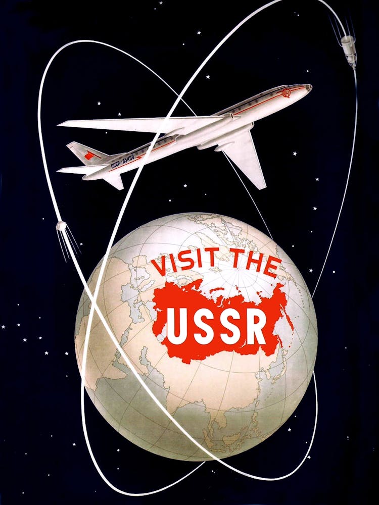 Visit USSR, Airplane Around The Globe, Soviet Travel Poster