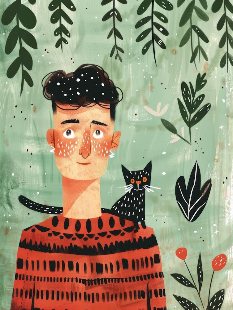 Illustration Of A Man With A Cat 1