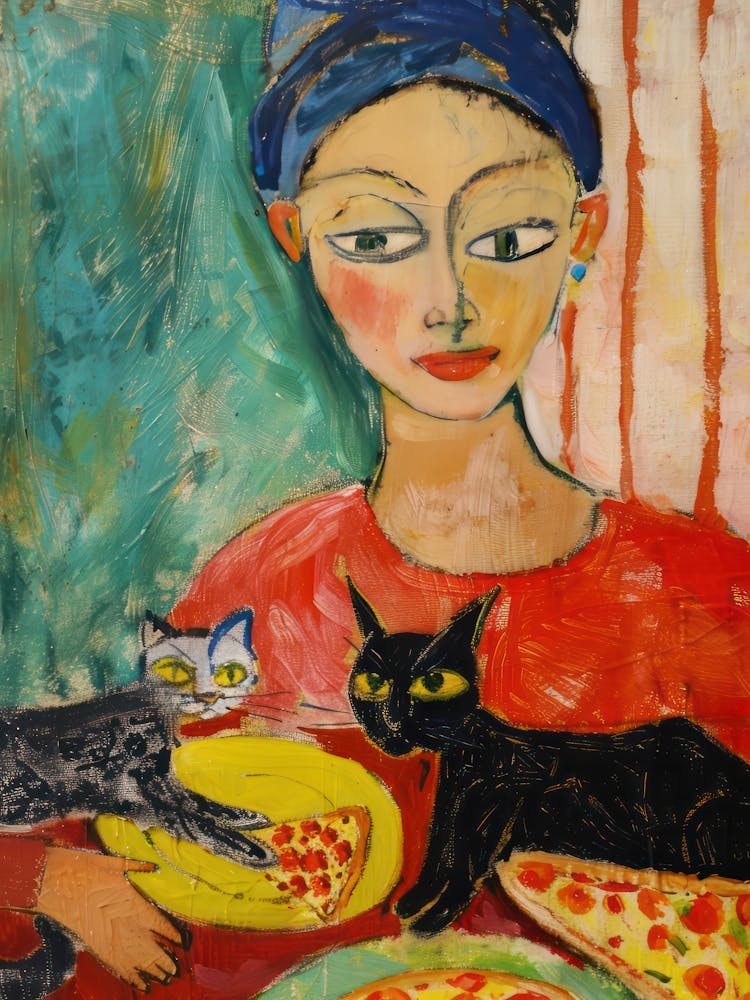 Portrait Of A Girl With Cats Eating Pizzas 2