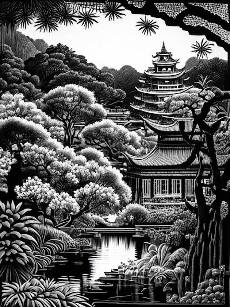 Nan Lian Garden, Hong Kong Linocut Black And White Vintage