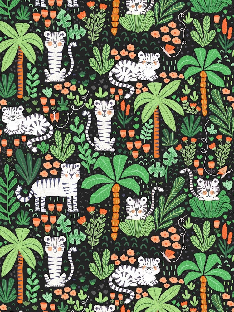 Happy White Tigers in the Palm Tree Jungle on Black