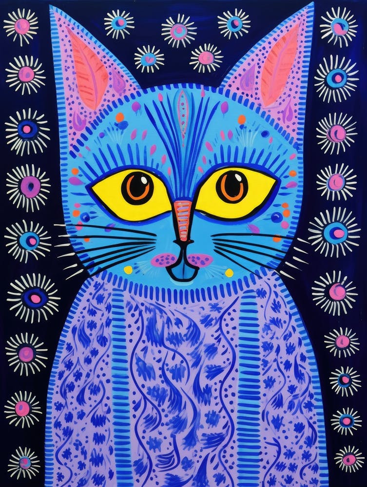A Blue Cat in Gond Painting Style