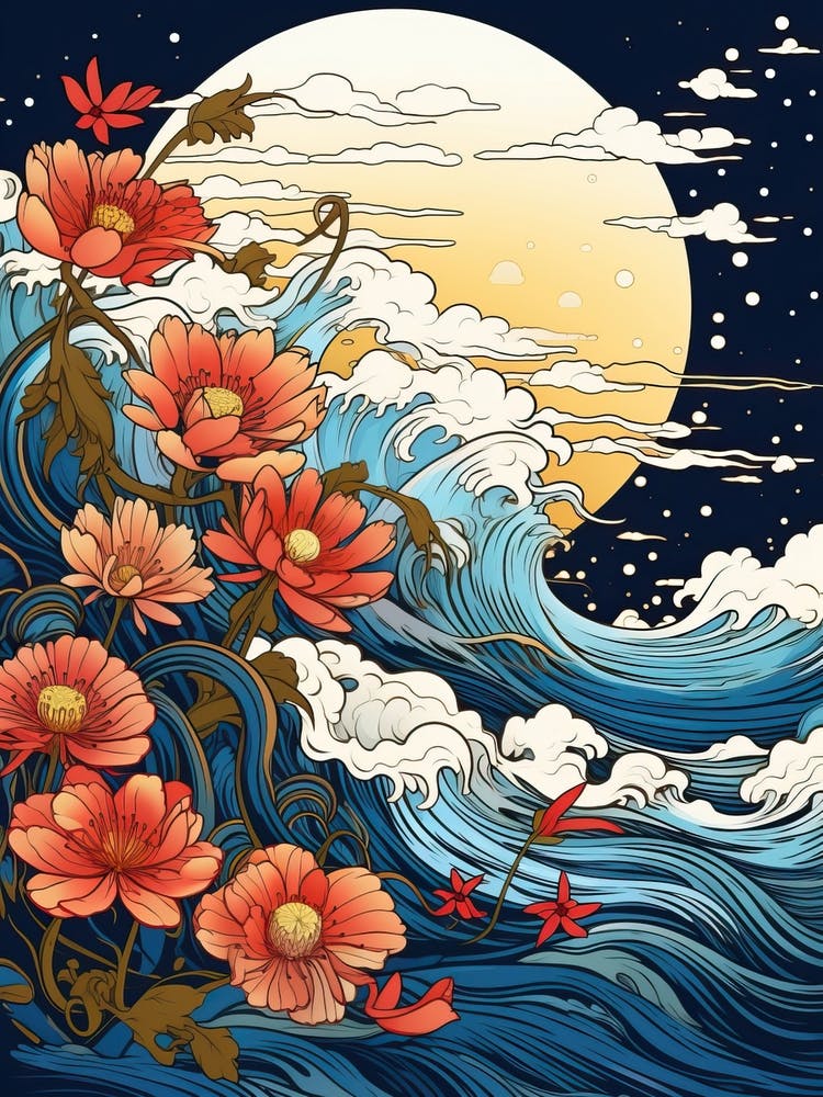 Great Wave With Cosmos Flower Drawing In The Style Of Ukiyo E 4