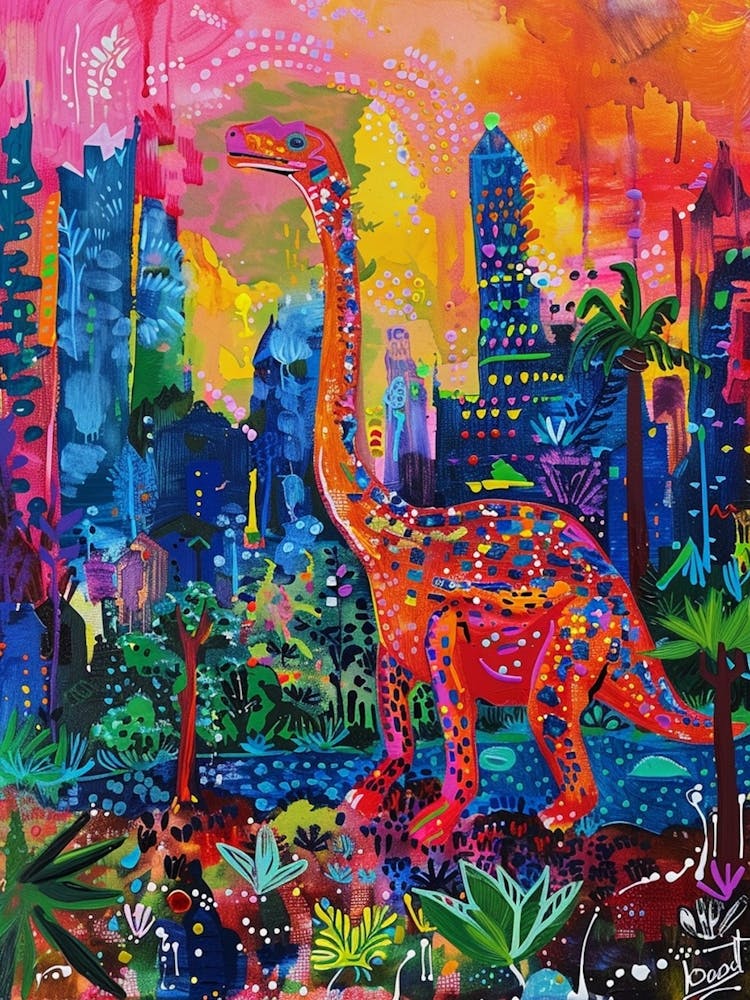 Pink Colourful Dinosaur Landscape Painting