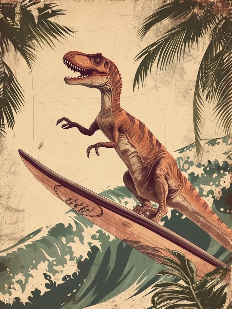 Vintage T Rex Dinosaur On A Surf Board 3