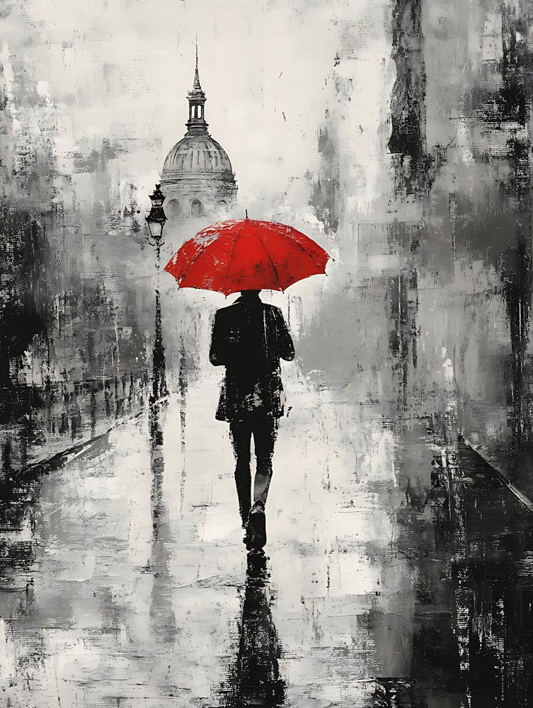 A Man with a Red Umbrella in the Rain 1