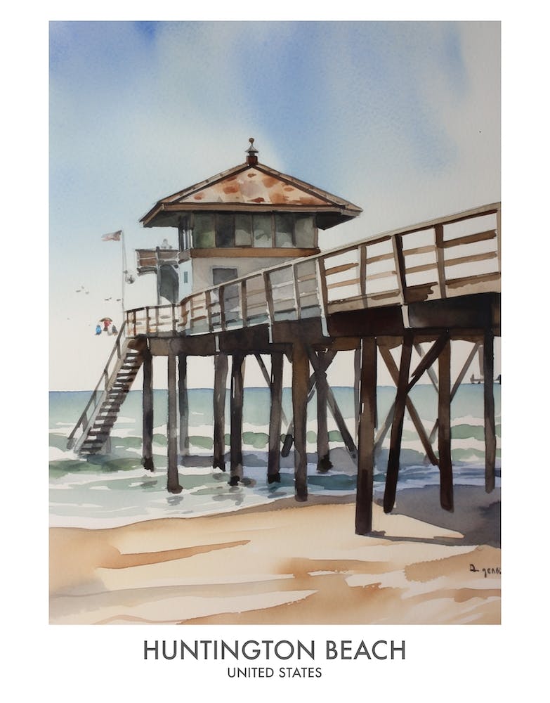 Huntington Beach 4 Watercolour Travel Poster