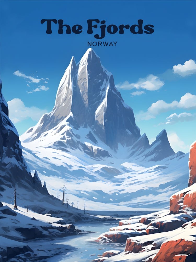The Fjords Norway Snow Mountain Travel Art Illustration